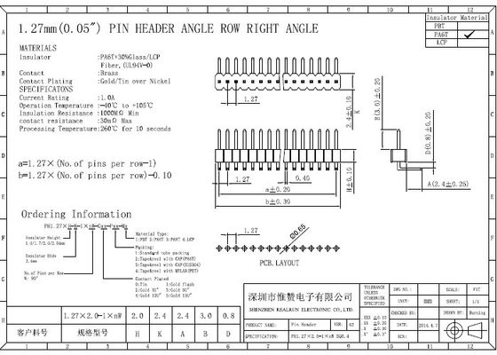 Прямоугольный соединитель PA6T заголовка строки UL94V-0 1.27mm одиночный